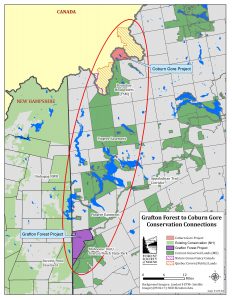 Map showing corridor of conserved lands stretching from New Hampshire border to Quebec that these projects will help complete.